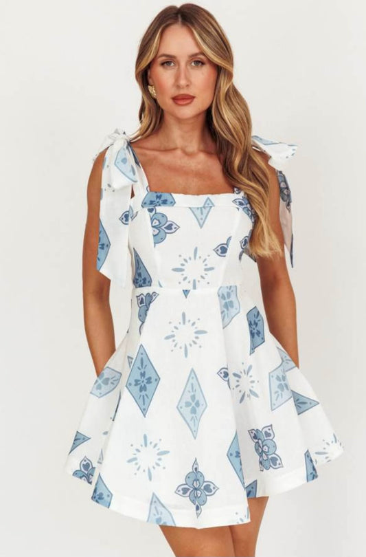 Here Comes The Sun Blue pattern mini dress